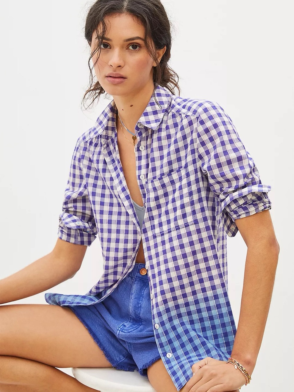 Anthropologie Purple Blue Gingham Button-Down Shirt